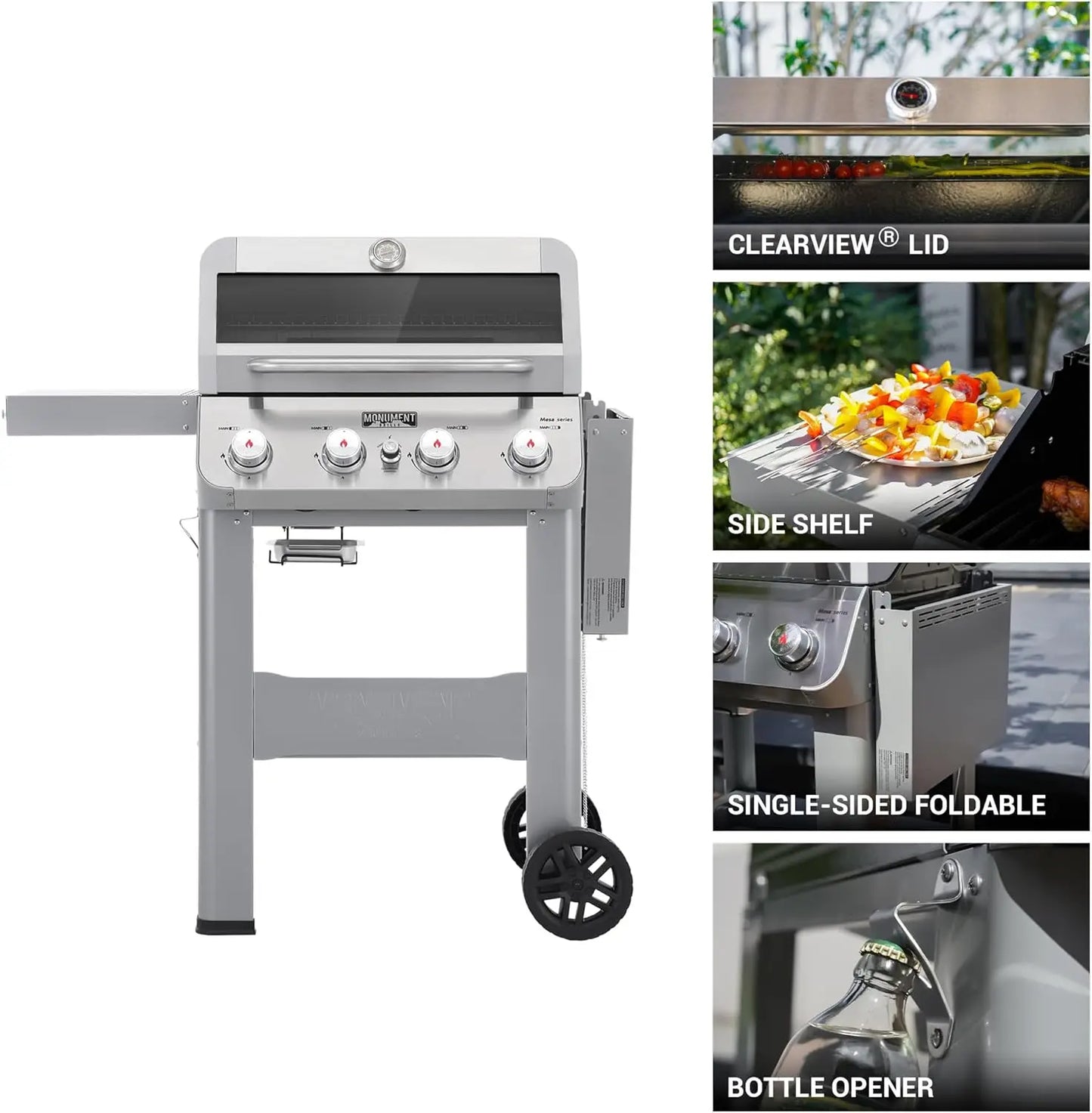 Monument Grills Mesa 400MF – 4-Burner Stainless Steel Propane Gas Grill with Viewing Lid, Foldable Shelf & 570 Sq. In. Cooking Space