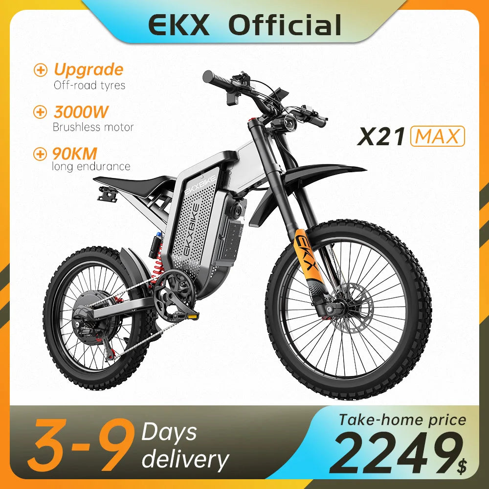 EKXBIKE X21 Max Electric Motorcycle – 3000W Brushless Motor, 60V 30Ah Battery, 85KM/H Speed, Off-Road E-Bike for Adults