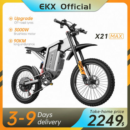 EKXBIKE X21 Max Electric Motorcycle – 3000W Brushless Motor, 60V 30Ah Battery, 85KM/H Speed, Off-Road E-Bike for Adults