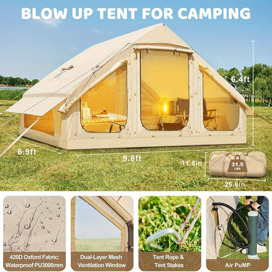 Inflatable Camping Tent for 1-6 People with Skylight, Stove Jack & PU3000 Waterproof Protection