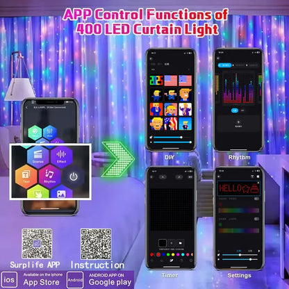 400 LED Smart Christmas Curtain String Outdoor Fairy Lights with App Remote Control Music Sync
