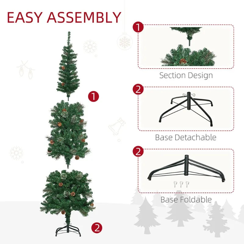 6.5 / 7.5 / 9.5ft Green Slim Pencil Christmas Tree with Realistic Branches, Pine Cones & Metal Base,