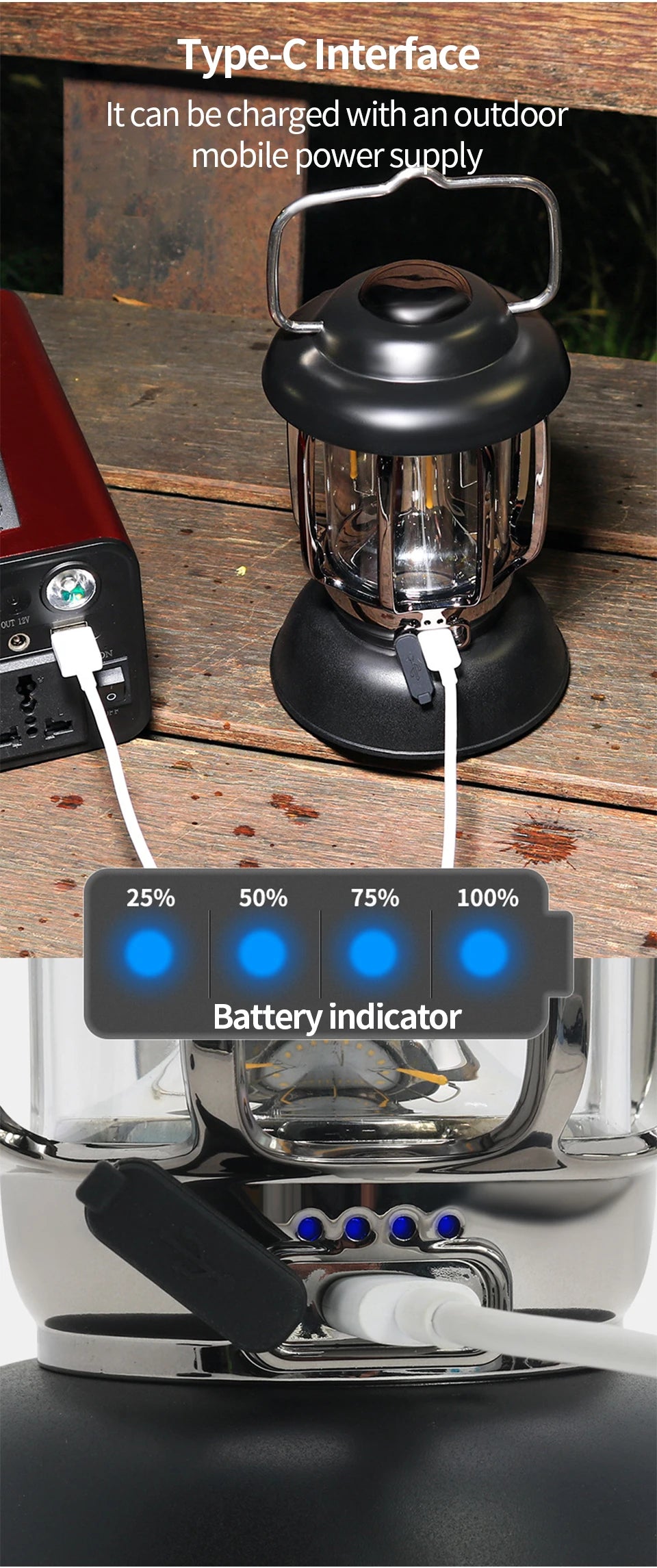 Outdoor Vintage Camping Lantern USB Rechargeable Retro LED Light Portable Waterproof Emergency Lamp