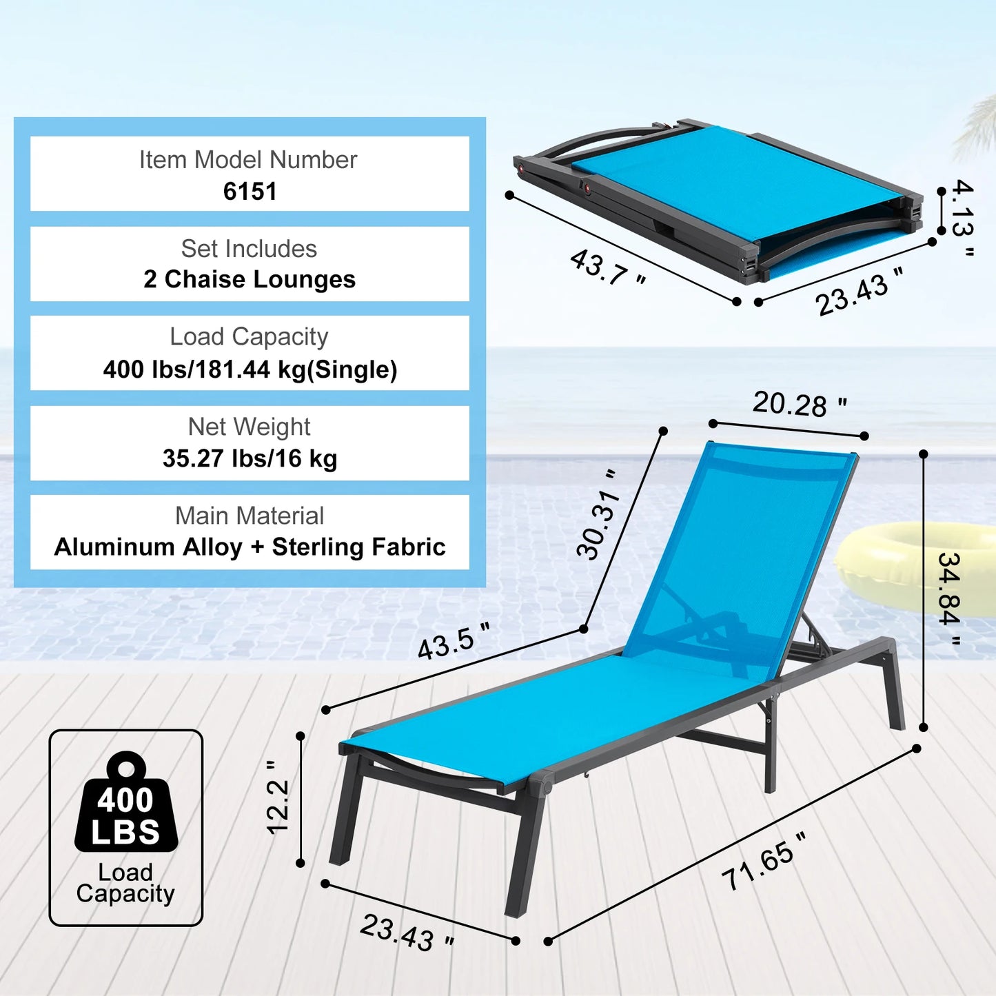 SucceBuy Chaise Lounge Chair Outdoor Aluminum Patio Lounge Folding Pool Lounge Recliner Full Flat