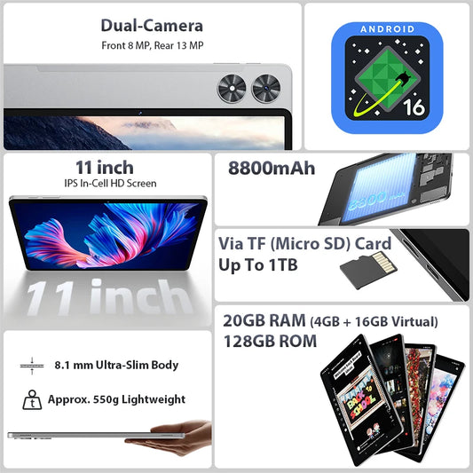 SVITOO Android 16 Tablet 11 Inch Octa-Core Processor 20GB RAM 128GB ROM 8800mAh Battery WiFi 5 BT 5.0 GPS Widevine L1 With Case
