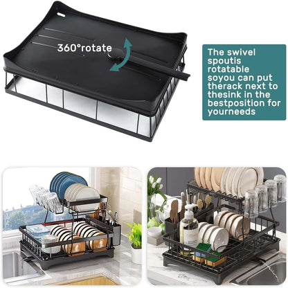 2-Tier Stainless Steel Dish Drying Rack | Large Countertop Organizer with Drainer & Cutlery Holder