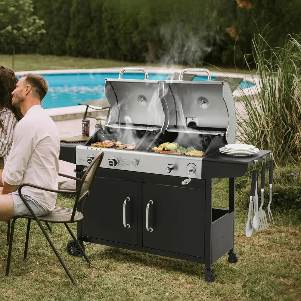 ZH3002N Propane Gas & Charcoal Grill Combo – Dual Fuel BBQ Grill with Cabinet & Side Shelves