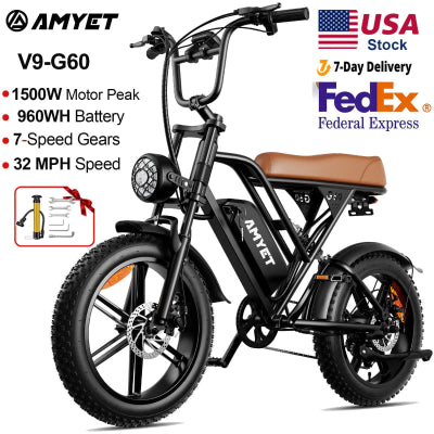 AMYET V9-G60 Electric Bike – 1000W Motor, 48V 20Ah Battery, Fat Tire E-Bike with Shimano 7-Speed & Dual Suspension