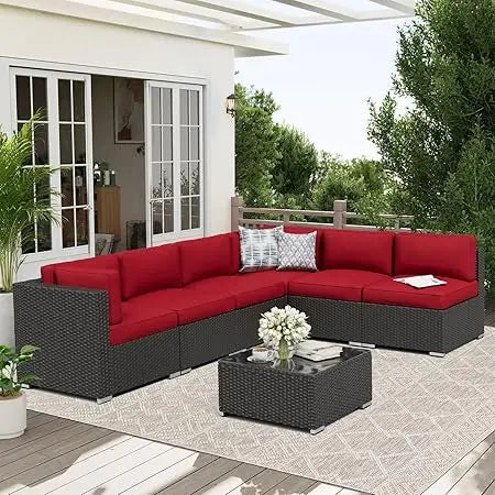 7-Piece Outdoor Patio Furniture Set – Wicker Sectional Sofa with Cushions & Glass Coffee Table