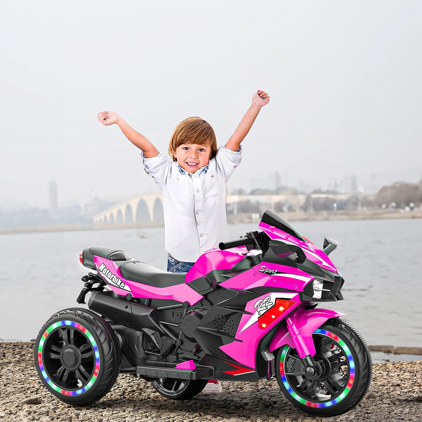 12V Electric Ride-On Motorcycle for Kids with LED Wheels, Music, & Bluetooth – Pink 3-Wheel Trike
