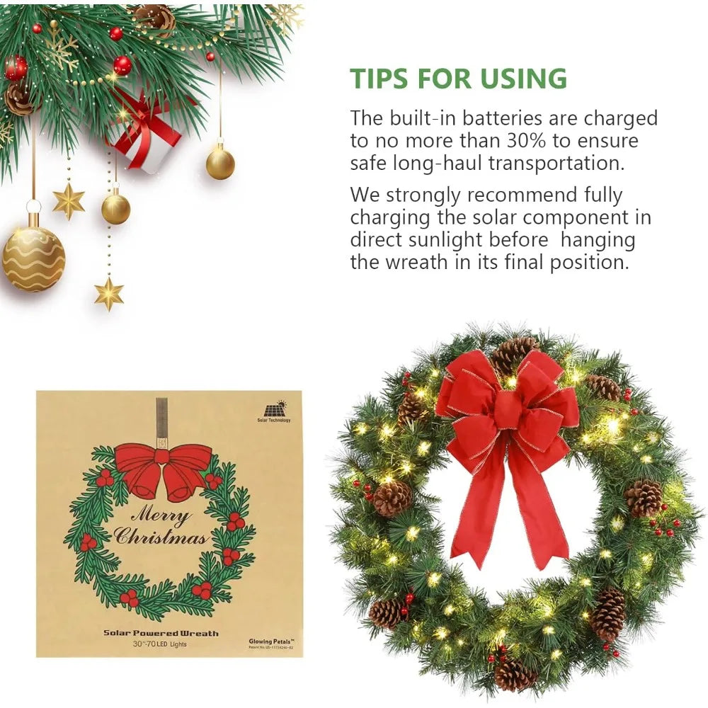 Pre-Lit Artificial 70 LED Solar Christmas Wreath, 30 Inch Outdoor Door Window Decor with Frosted Branches