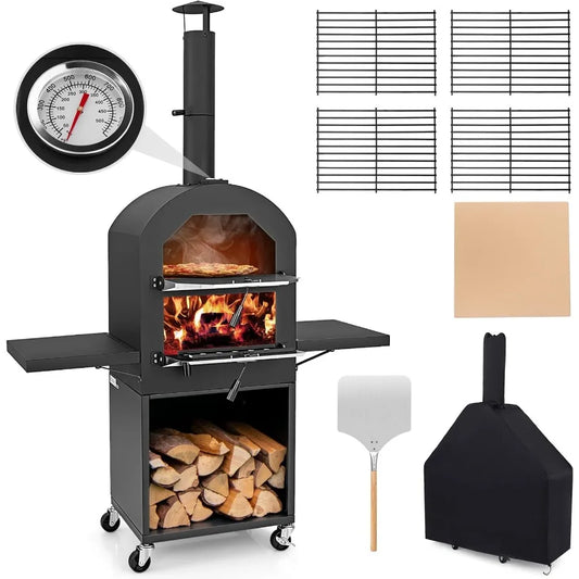 Giantex Pizza Oven Outdoor - Wood Fired Pizza Oven with 2 Side Tables Pizza Stone Pizza Peel Cover Cooking Grids Pizza Maker on