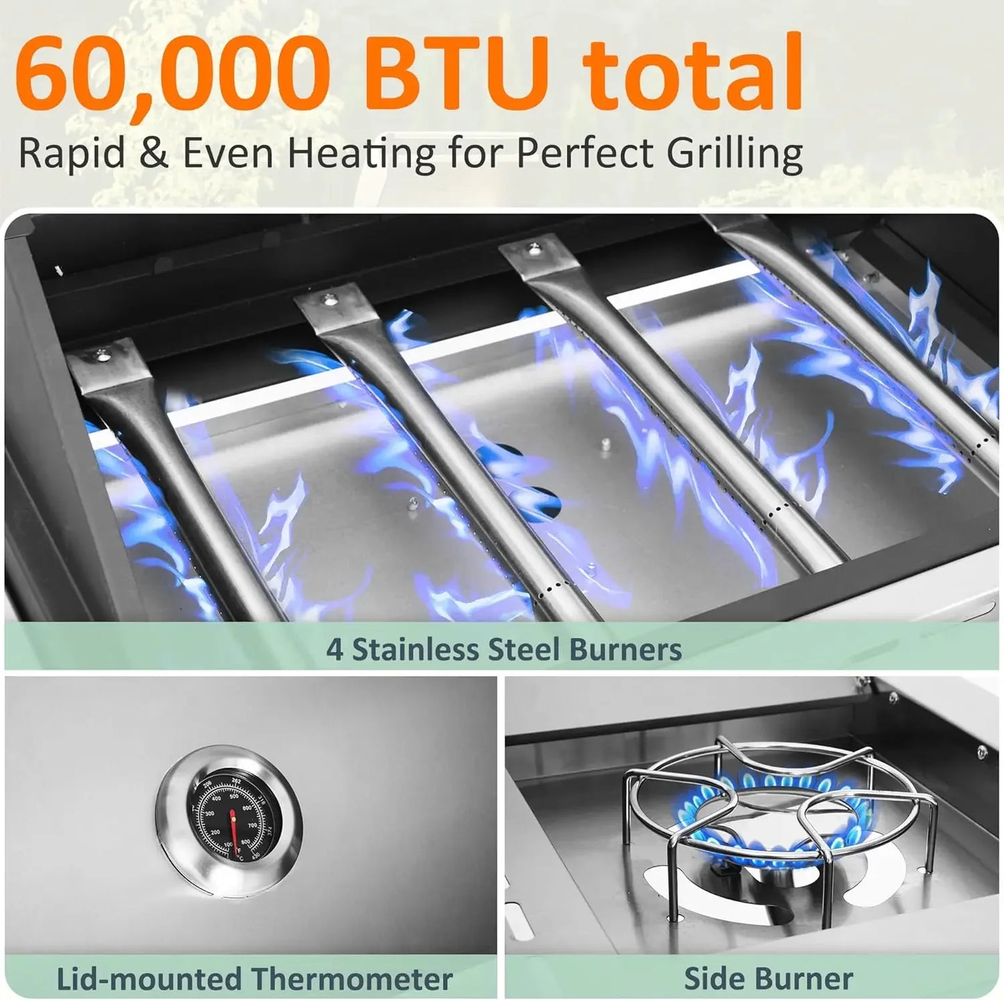 Propane Gas Grill 4 Burners with Side Burner – 60,000 BTU Stainless Steel Outdoor Grill Cart