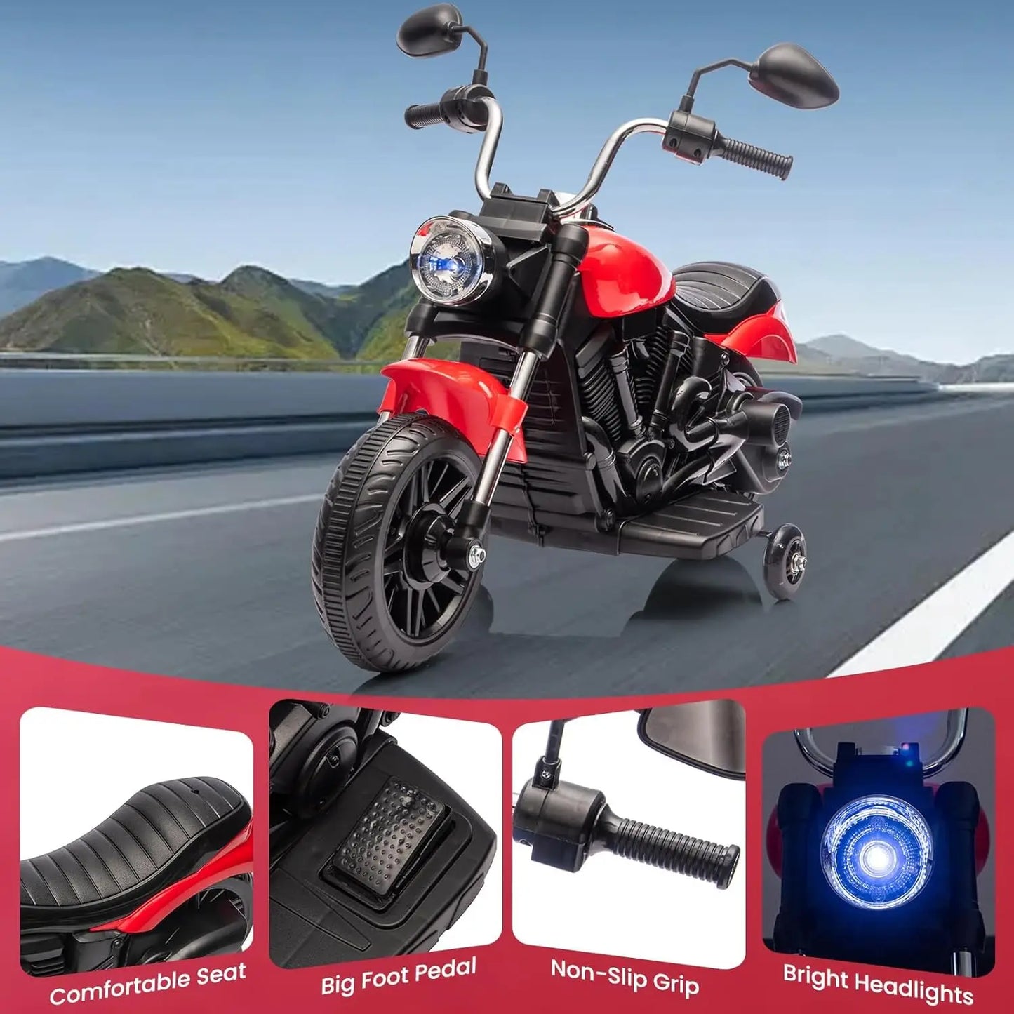 3-Wheel Kids Ride-On Motorcycle – 12V Electric Bike with Headlight, Training Wheels, Music, & Reverse Mode