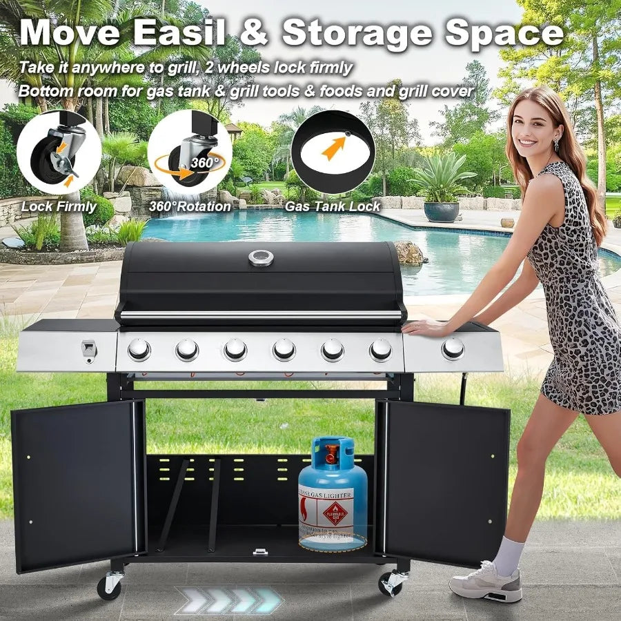 60000 BTU Stainless Steel 6 Burner Propane BBQ Grill with Side Stove – Cast Iron Grates – Outdoor Patio Gas Grill for Backyard, Camping & Tailgating – 600 Sq. In. Cooking Area
