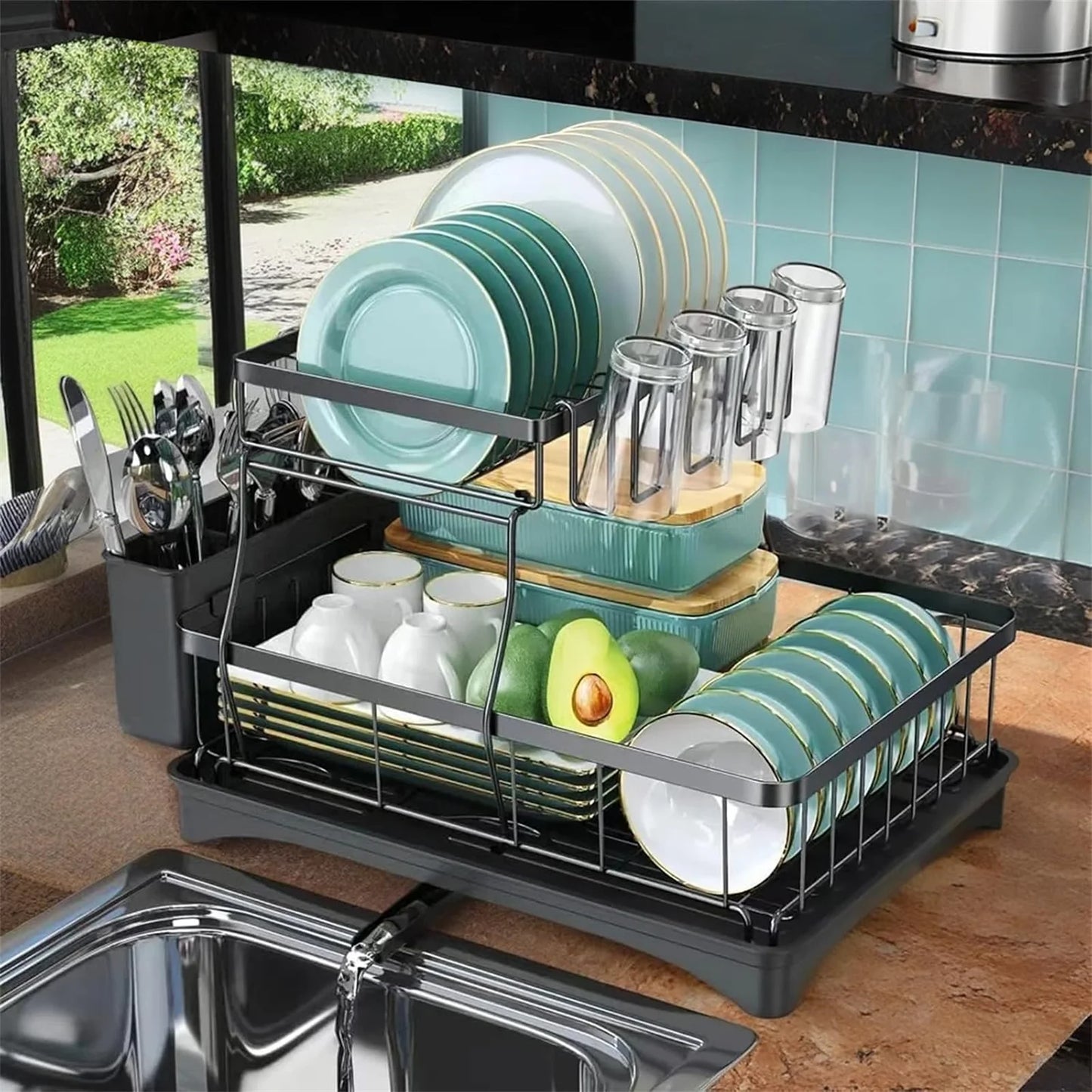 2-Tier Stainless Steel Dish Drying Rack | Large Countertop Organizer with Drainer & Cutlery Holder