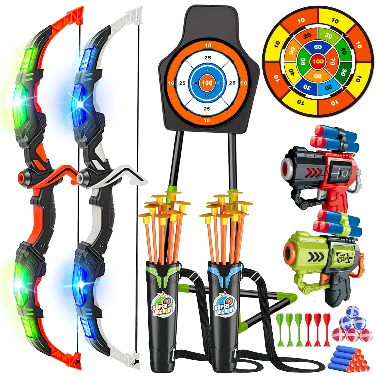 VATOS 2X Bow Arrow + Guns Toy For Kids Night-Light Archery Stand Target Board Indoor Outdoor Game Toys Boys Girls Gift