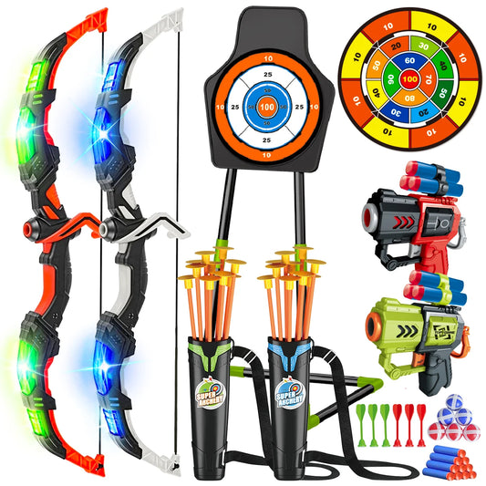 VATOS 2X Bow Arrow + Guns Toy For Kids Night-Light Archery Stand Target Board Indoor Outdoor Game Toys Boys Girls Gift