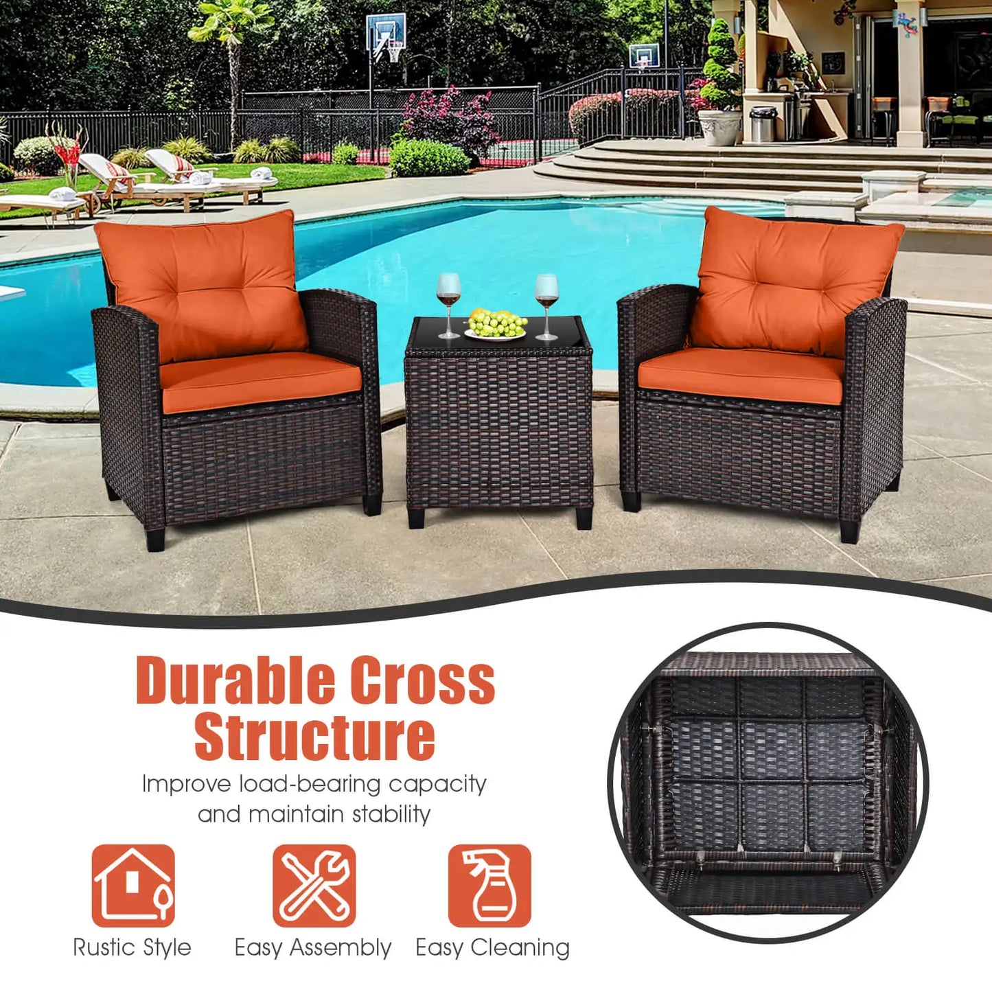 3-Piece Rattan Patio Furniture Set with Cushions and Tempered Glass Table – Outdoor Wicker Conversation Set for Balcony, Garden, or Porch – Orange Cushions