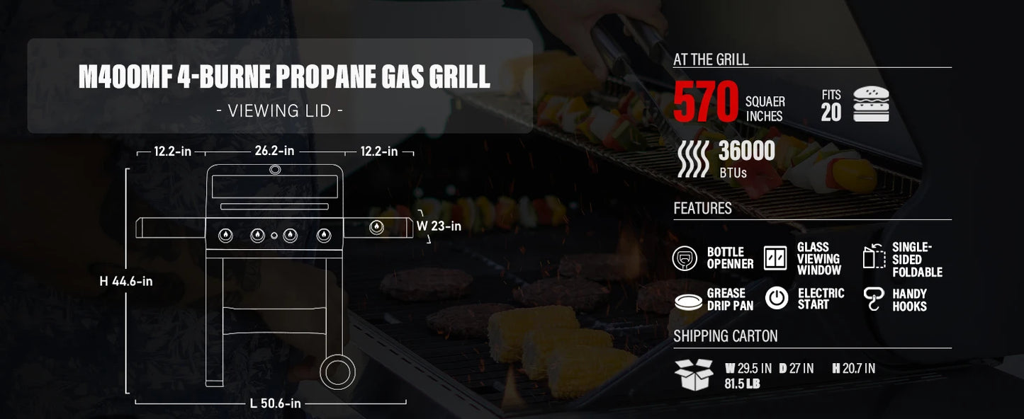 Monument Grills Mesa 400MF – 4-Burner Stainless Steel Propane Gas Grill with Viewing Lid, Foldable Shelf & 570 Sq. In. Cooking Space