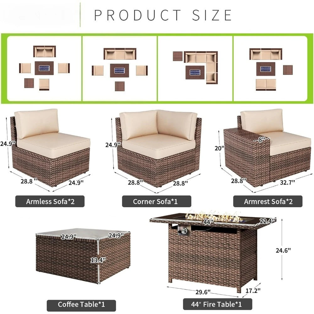 7 Piece Patio Furniture Set with 44" Fire Pit Table – Outdoor Wicker Sectional Conversation Set with Thick Cushions