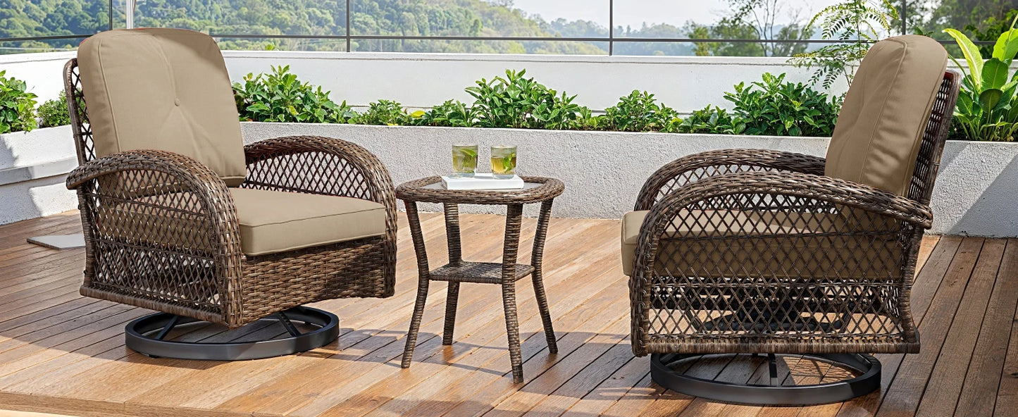 3-Piece Patio Bistro Set with Swivel Rocking Chairs & Glass Coffee Table