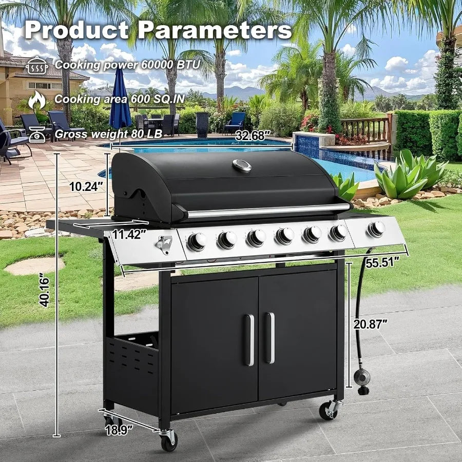 60000 BTU Stainless Steel 6 Burner Propane BBQ Grill with Side Stove – Cast Iron Grates – Outdoor Patio Gas Grill for Backyard, Camping & Tailgating – 600 Sq. In. Cooking Area
