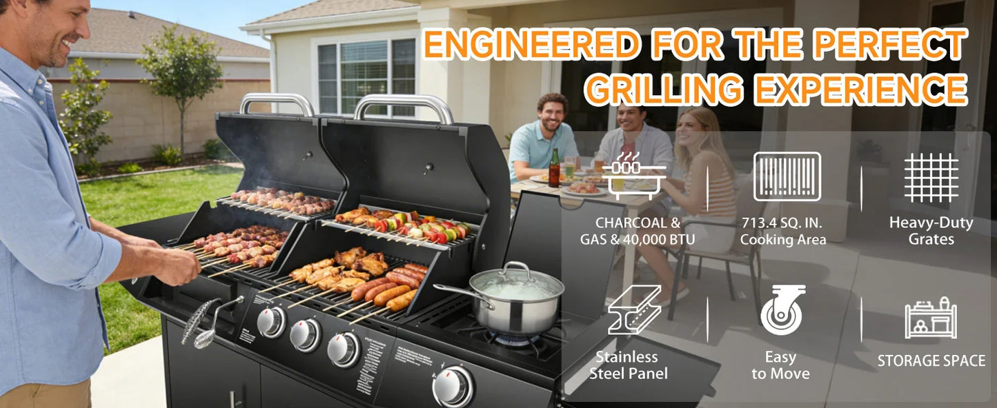 Dual Fuel Gas & Charcoal Grill with Side Burner – 3+1 Burners, 40,000 BTU, 713.5 Sq. In. Cooking Area