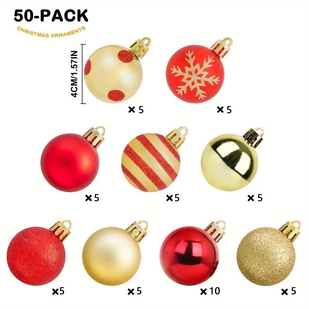 50PCS 9 Styles Red & Gold Shatterproof Christmas Ball Ornaments Set