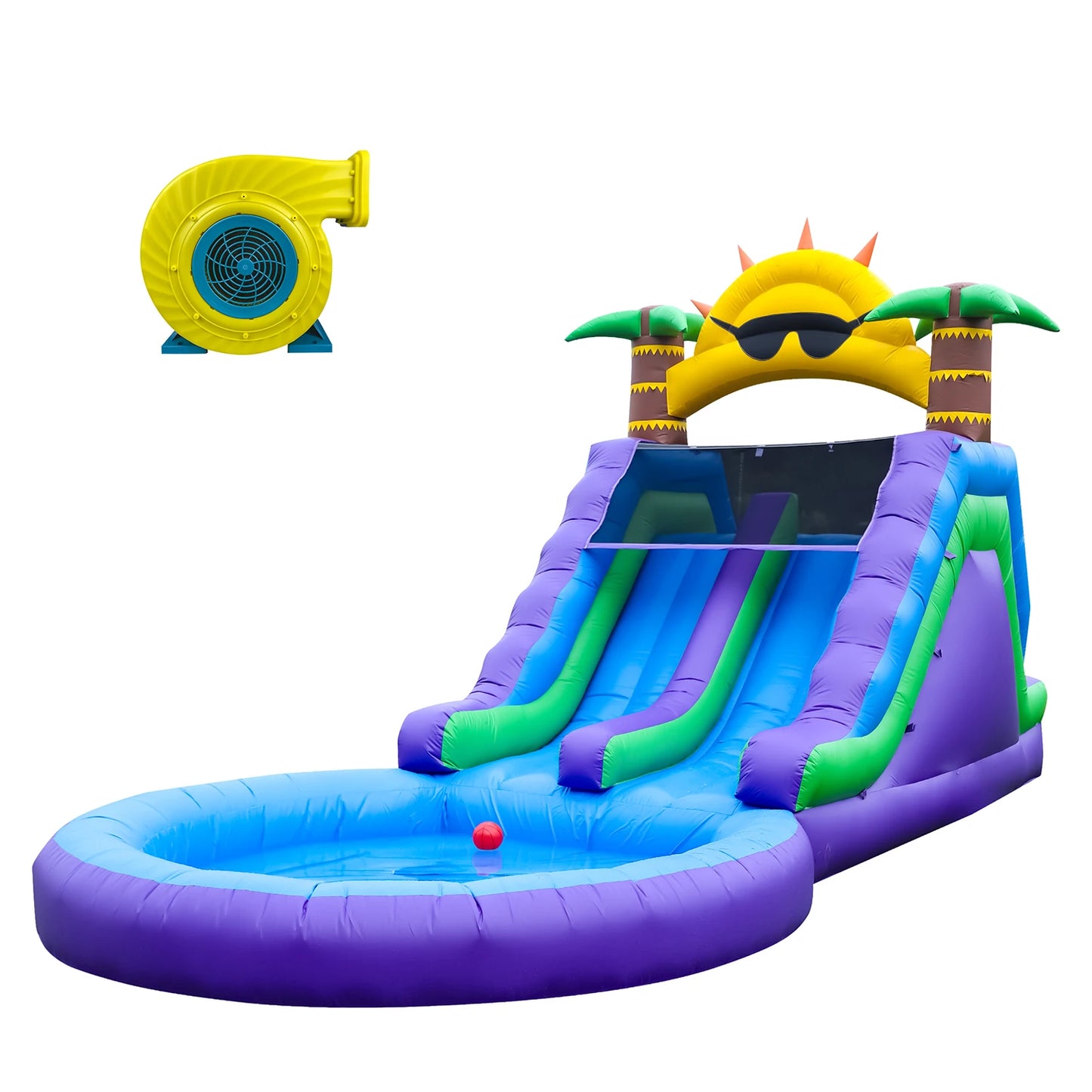 Inflatable sunflower water slide with splash pool, double slides, and air blower