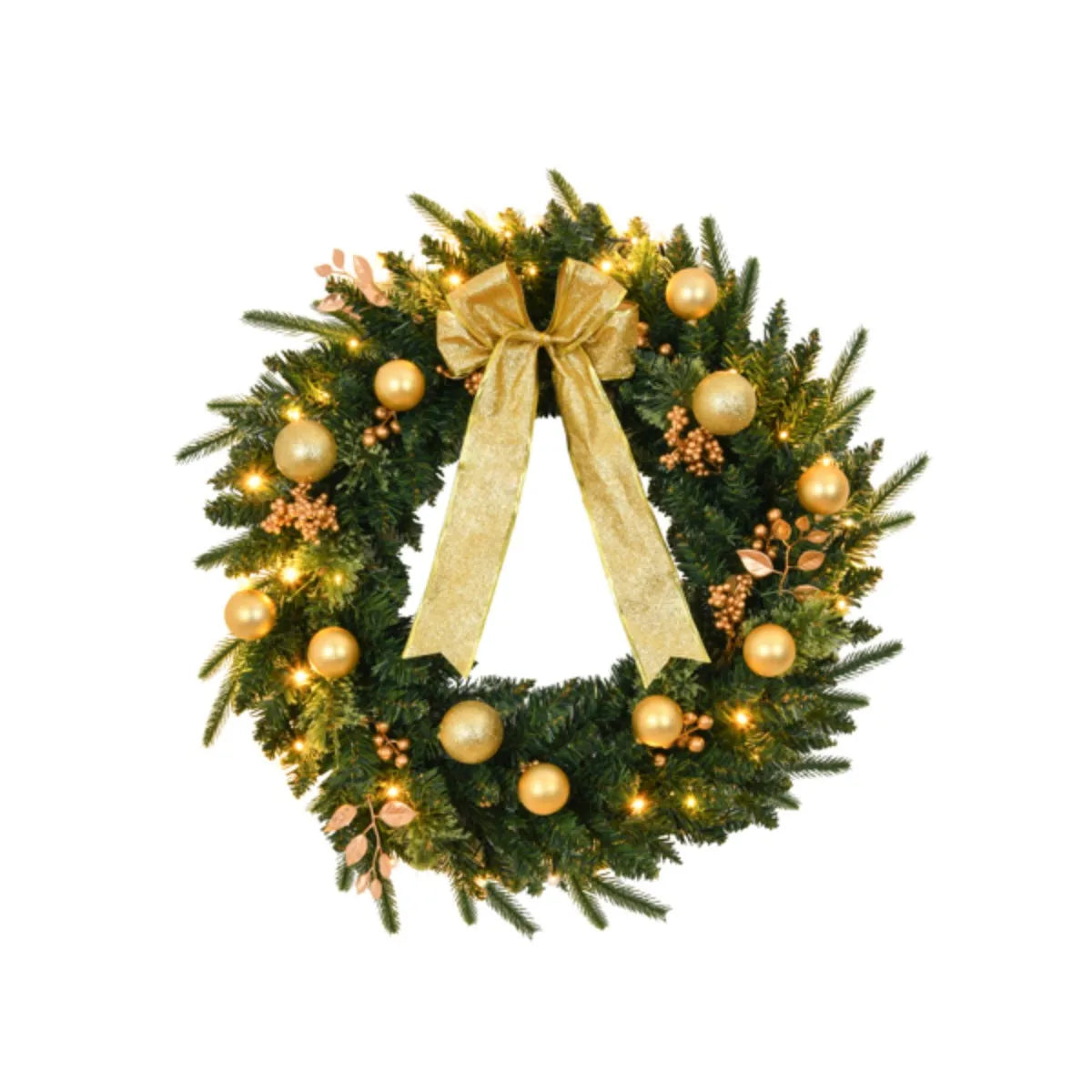 24in Christmas Wreath with Remote Lighted Artificial Xmas Wreath Warm Lights Ornaments for Front Door Gate Wall Xmas Party Decor