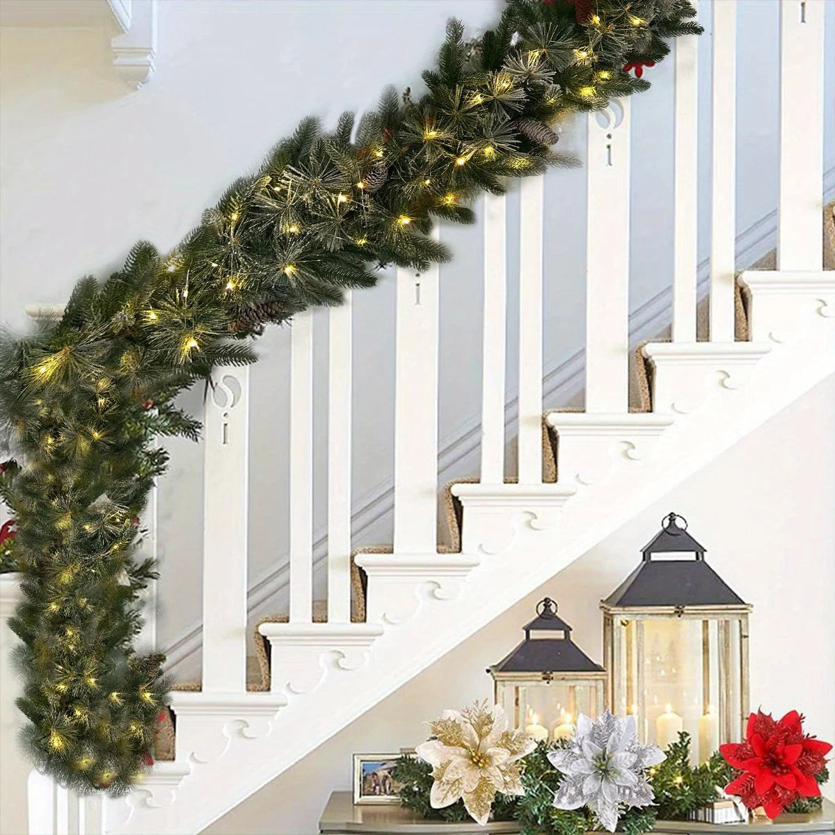 Pre-Lit Greenery Pine Cone Christmas Garland Flocked with Warm White Led Lights, Front Door Christmas Wreath, Teardrop Shape