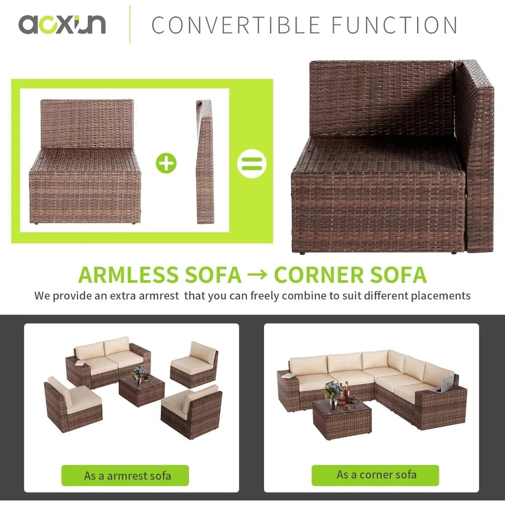 7 Piece Patio Furniture Set with 44" Fire Pit Table – Outdoor Wicker Sectional Conversation Set with Thick Cushions