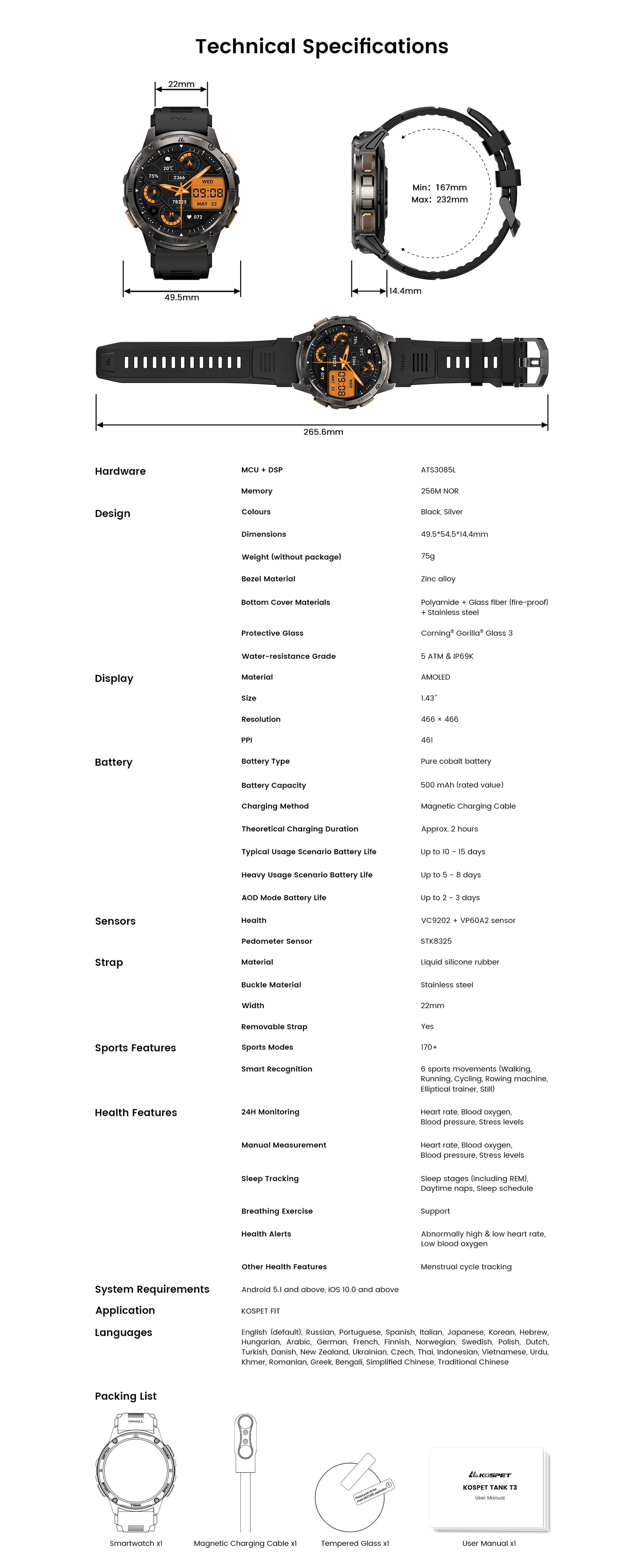 KOSPET TANK T3 Smartwatch – Military Grade, AMOLED Display, 5ATM + IP69K Waterproof