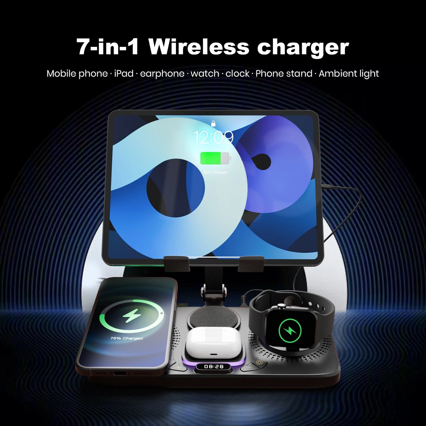 7-in-1 Wireless Charging Station with Adjustable Stand, LED Night Light & Clock Display for iPhone, iPad, AirPods & Apple Watch