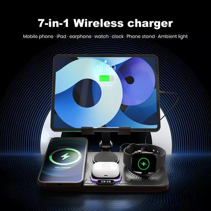 7-in-1 Wireless Charging Station with Adjustable Stand, LED Night Light & Clock Display for iPhone, iPad, AirPods & Apple Watch