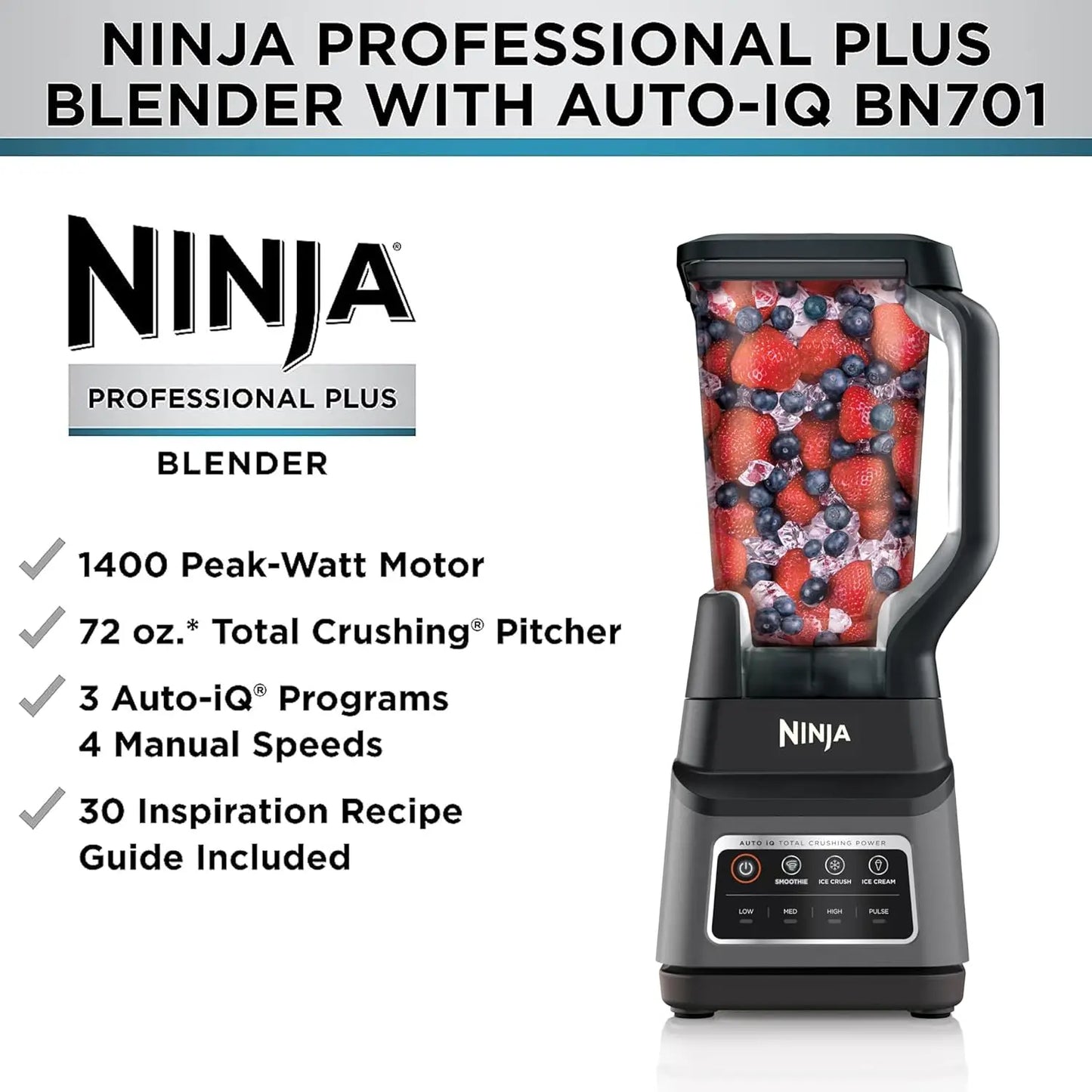 BN701 Professional Plus Blender 1400 Peak Watts with Auto-iQ, 72 oz Total Crushing Pitcher, 3 Functions for Smoothies, Frozen Drinks & Ice Cream – Dark Grey