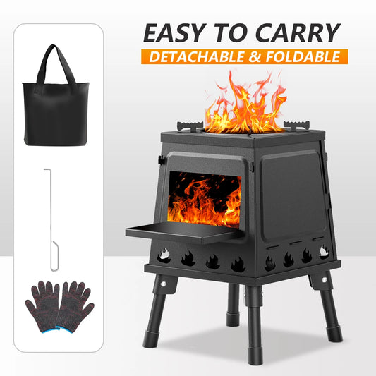 Portable Wood Burning Camp Stove with Foldable Legs and Carry Bag – Outdoor Camping Stove