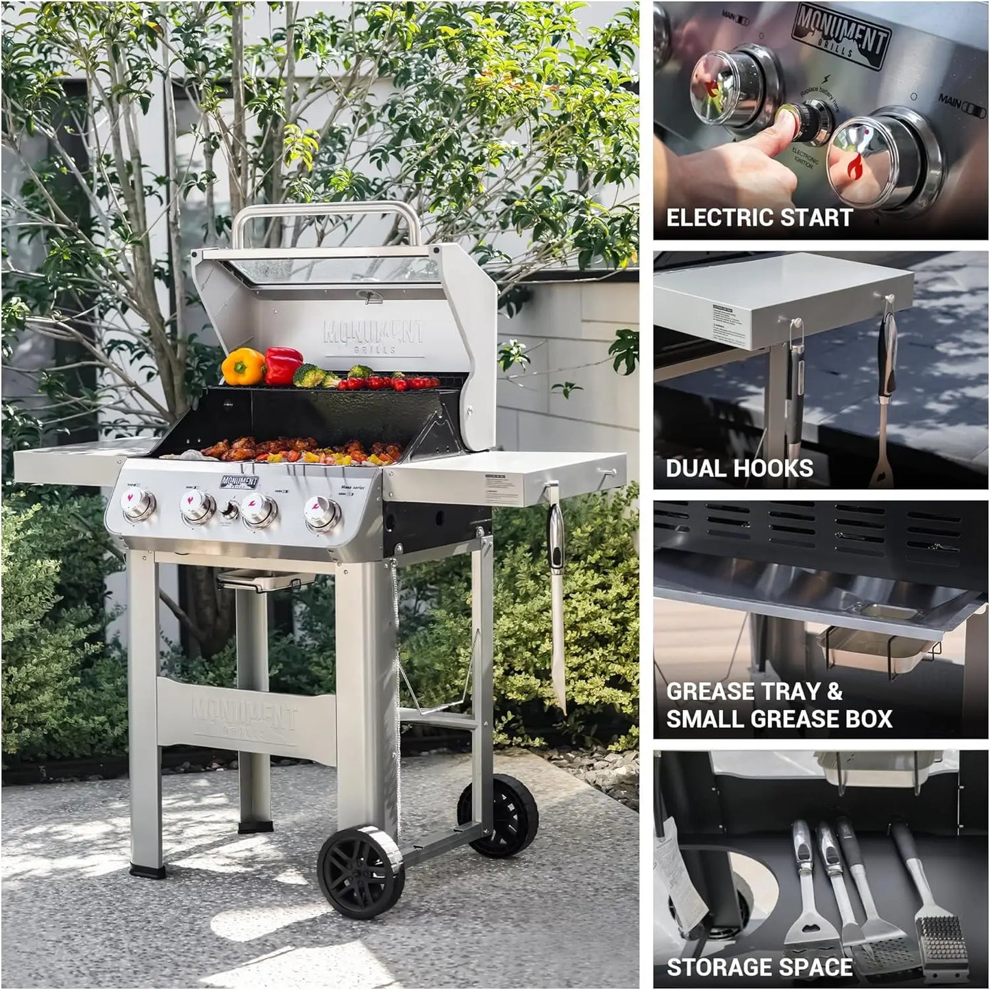 Monument Grills Mesa 400MF – 4-Burner Stainless Steel Propane Gas Grill with Viewing Lid, Foldable Shelf & 570 Sq. In. Cooking Space