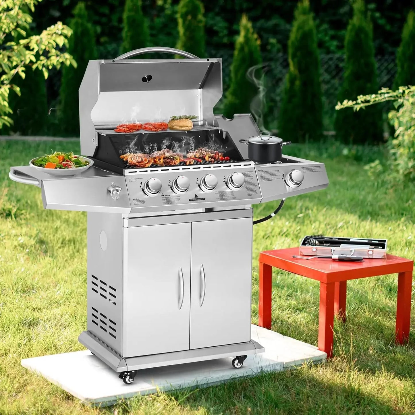 Propane Gas Grill 4 Burners with Side Burner, Stainless Steel Grill Cart with Wheels – 60,000 BTU