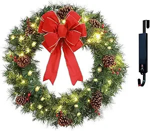 Pre-Lit Artificial 70 LED Solar Christmas Wreath, 30 Inch Outdoor Door Window Decor with Frosted Branches