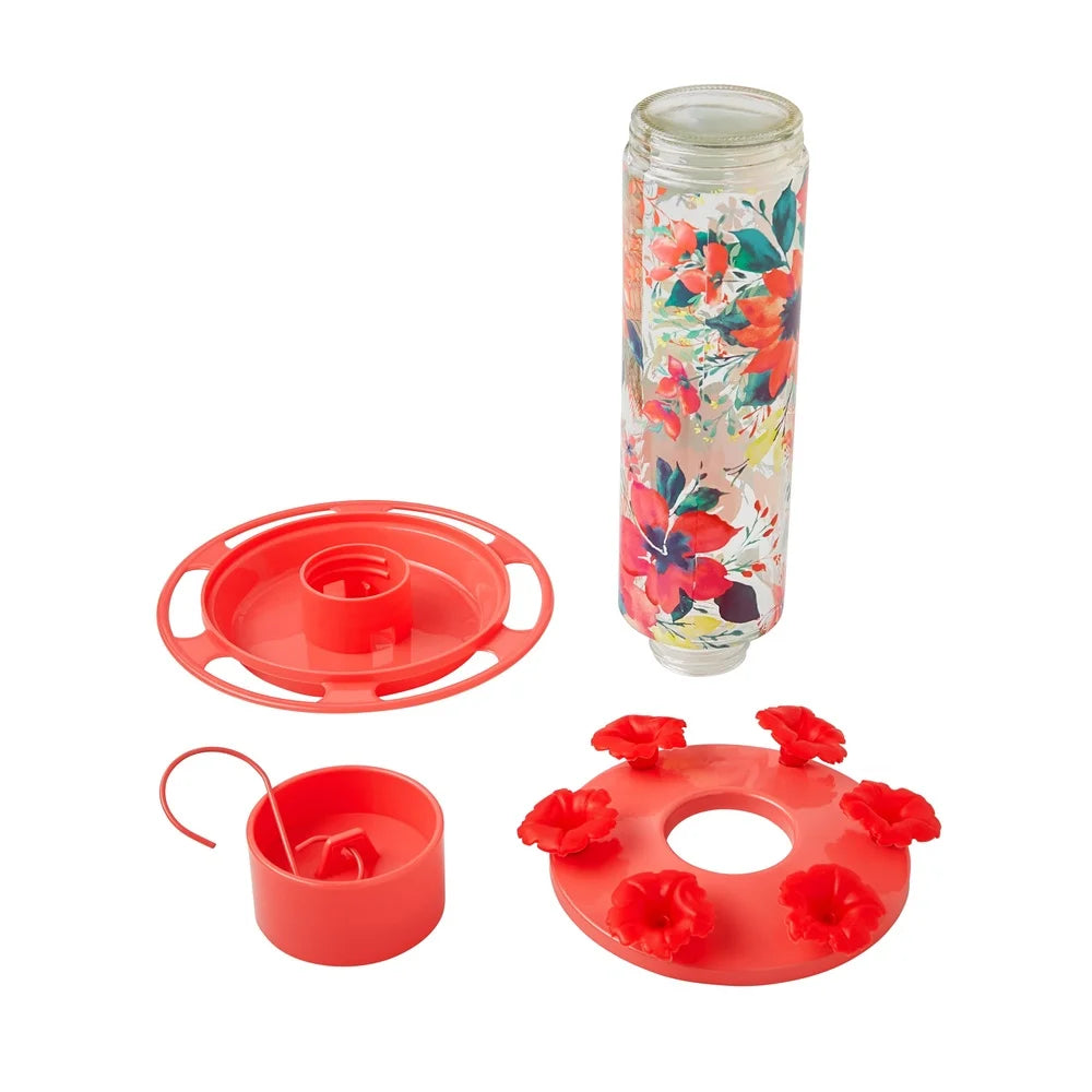 20oz Floral Glass Hummingbird Feeder with 6 Leakproof Feeding Ports & Ant Moat