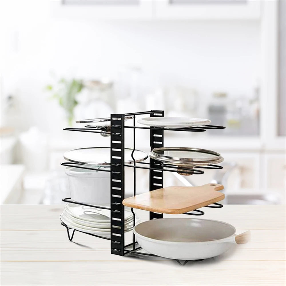 8-Tier Adjustable Pot & Pan Organizer Rack | Heavy-Duty Iron Storage Shelf for Kitchen Cabinets