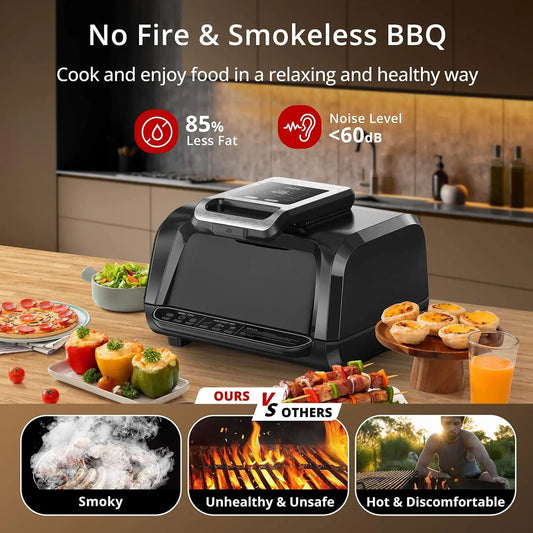 7-in-1 Smokeless Indoor Electric Air Grill Fryer Combo with See-Through Window Removable Plates,up to 450°F,1750W,Even Heat,4Qt