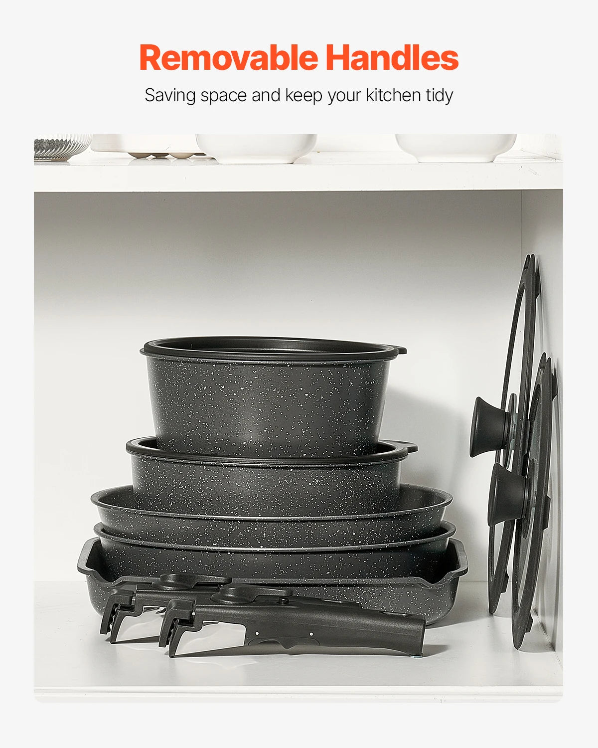 VEVOR 17-Piece Nonstick Cookware Set – Granite Stone Coating, Removable Handle, Induction Compatible, Space-Saving Design