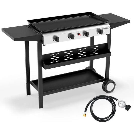 Portable 4-Burner Propane Griddle – 40,000 BTU Outdoor Gas Grill with Enamel Tray, Rolling Cart, Side Shelves & Ignition – Flat Top BBQ Griddle for Backyard & Camping