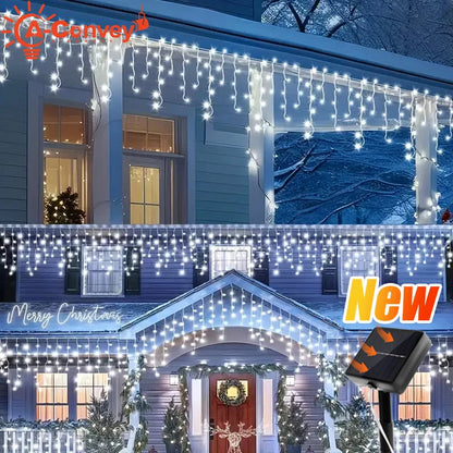 Solar LED Eaves Icicle String Lights 8 Lighting Modes Outdoor Waterproof Christmas Decorations