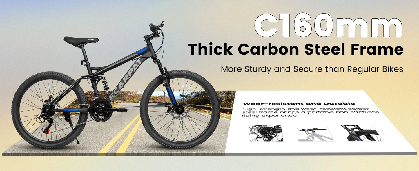 Ecarpat Dual Full Suspension Mountain Bike 24/26/27.5 Inch, Mens Women Teenagers Boy Girl Mountain Bike, 21-Speed Disc Bicycles