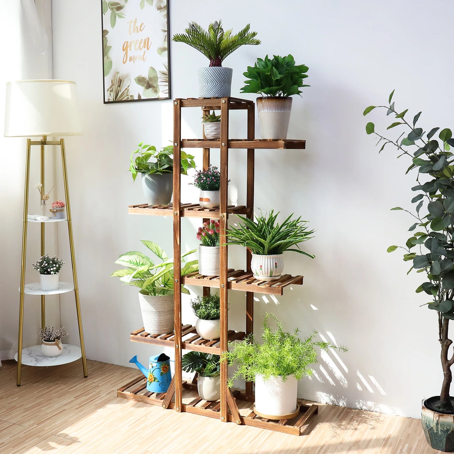6 Tier Wooden Plant Stand Carbonized Wood Flower Pot Rack for Indoor & Outdoor Display