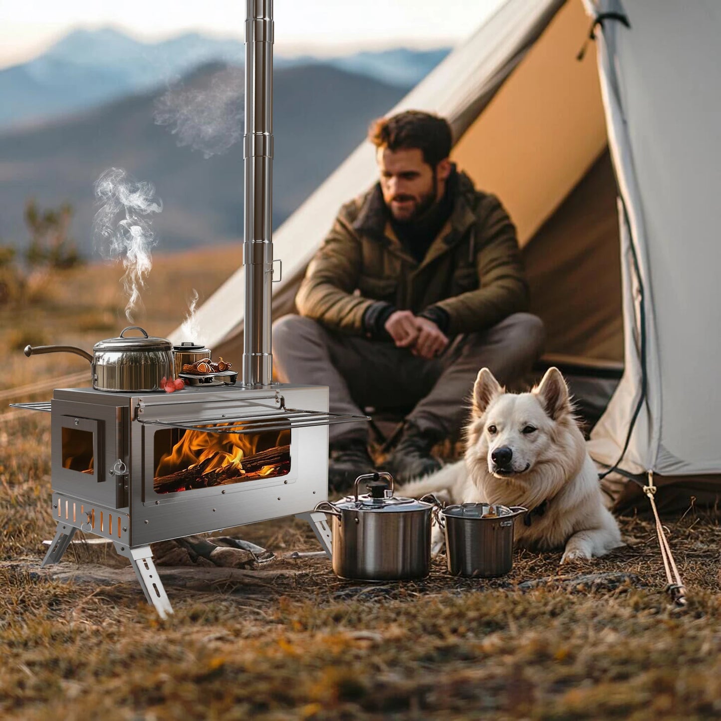 UNHO Portable Stainless Steel Wood Burning Camp Stove – Foldable Tent Heater & Cooker with Chimney Pipes & Accessories